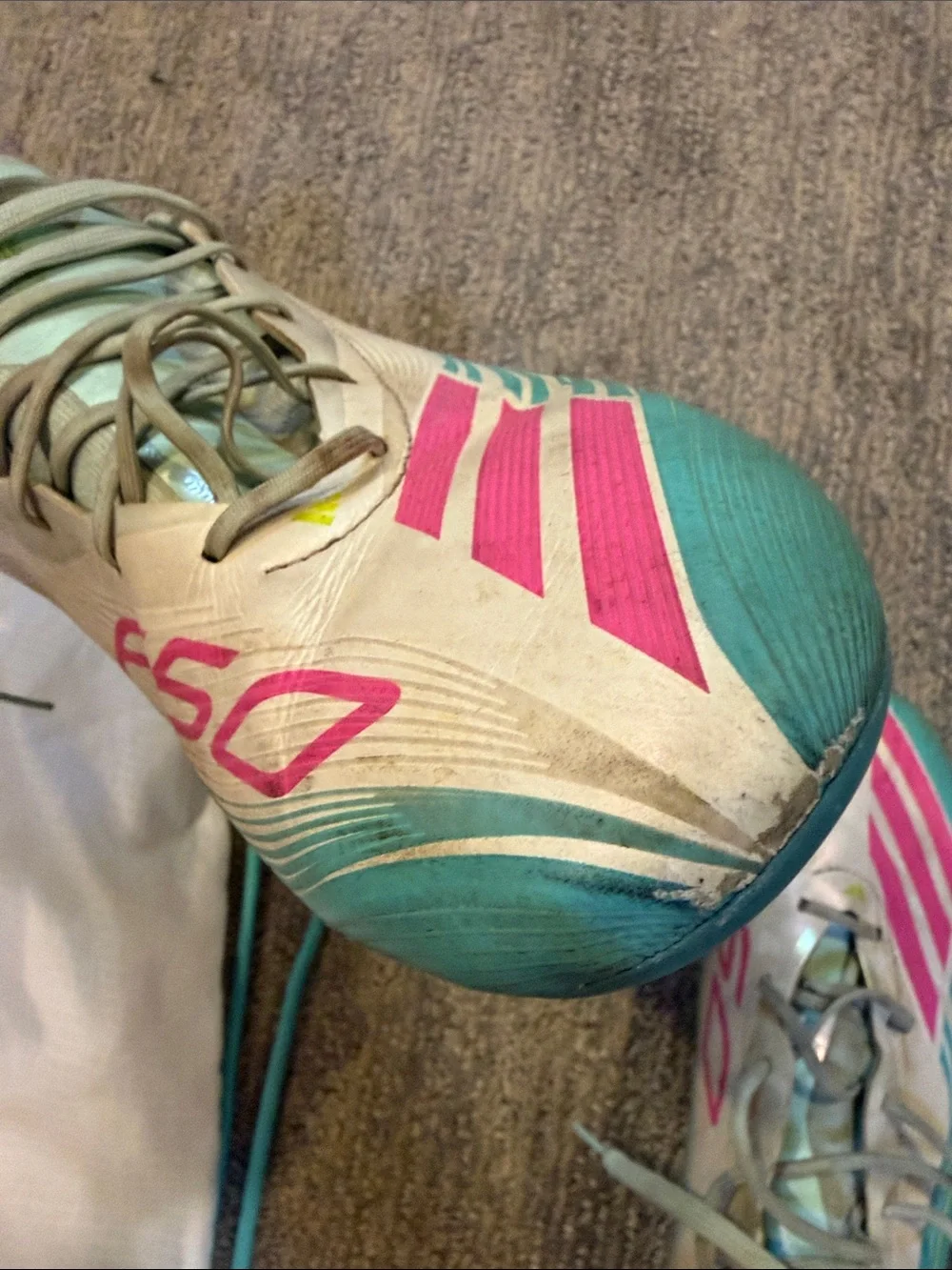 adidas Mens F50 Soccer Cleats in White, Pink & Teal Messi